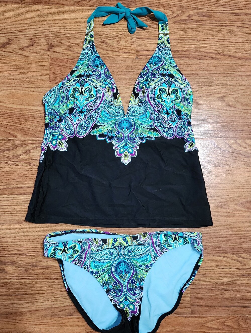 Athleta Tankini Swimsuit Set Women's Medium Paisley Halter 2 Piece Blue Black